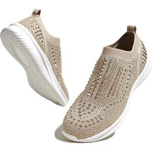 🆕 Women's Rhinestone Mesh Slip-On Walking Shoes Fashion Sneaker Beige Fabric